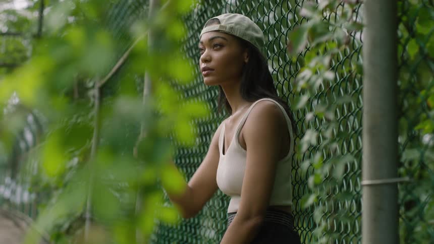 A woman is standing outdoors by a fence