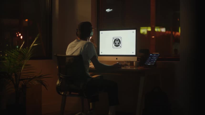 Man with a white t shirt and headphones works on computer in a room at night