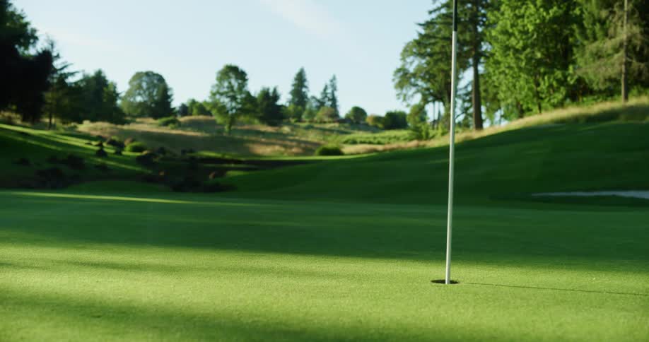 A flag marking a hole on a golf course on a sunny day