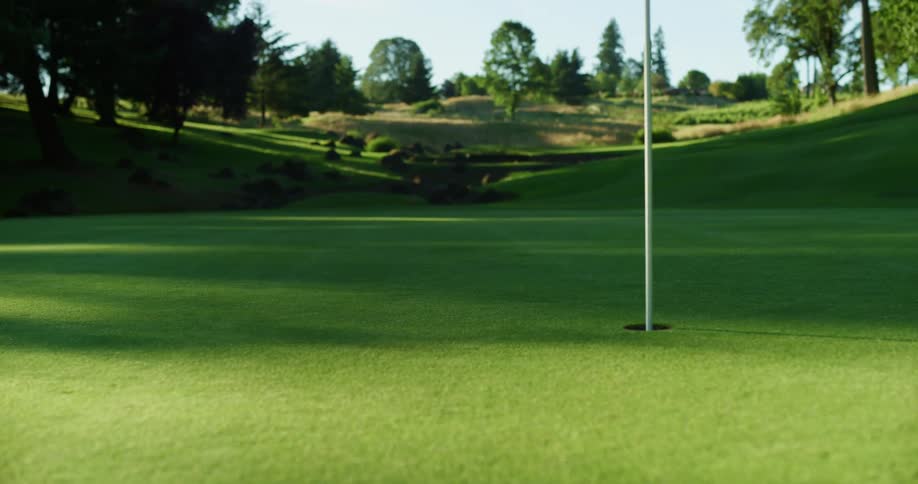 Golf course with hole and pole sticking out during daytime with shadows from trees