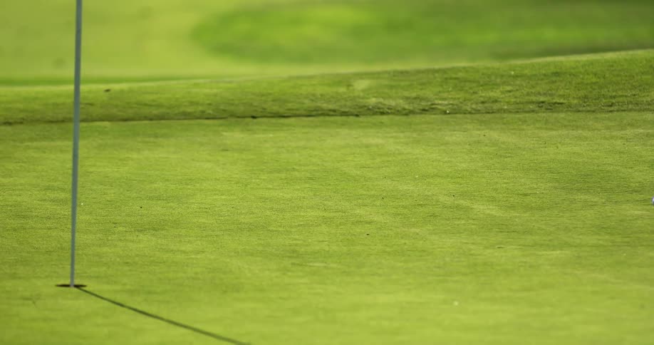 A golf ball on grass near a golf hole