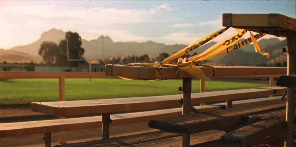 A football stadium with seats taped off