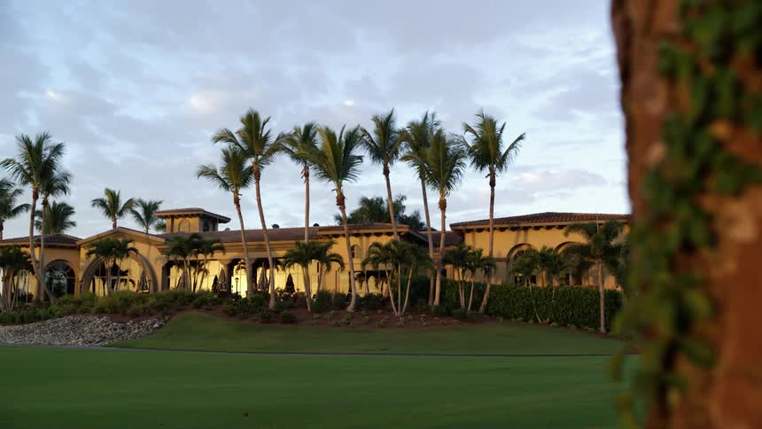 Spanish style estate on lush lawn and palm trees