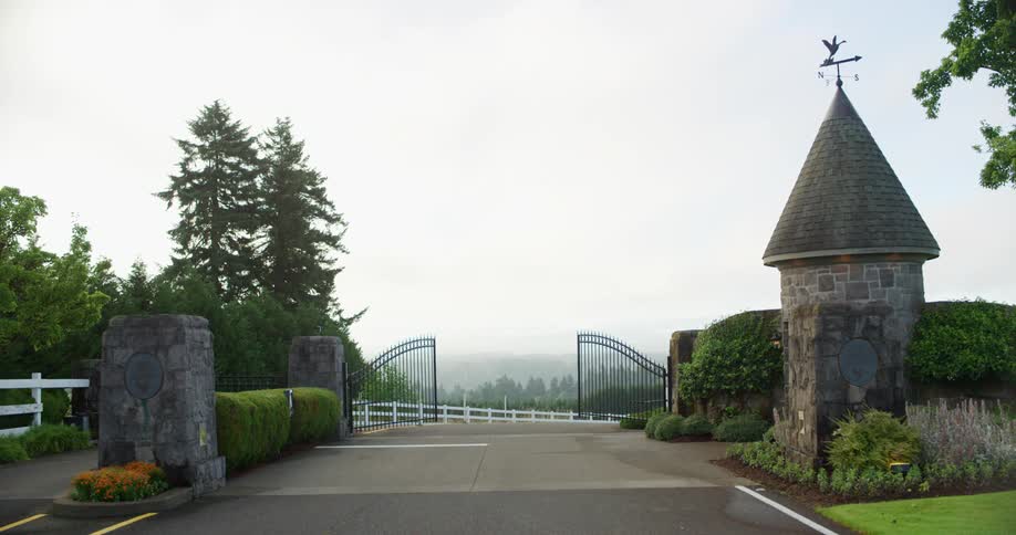A gate opening automatically in a driveway with trees the sky and clouds in the background
