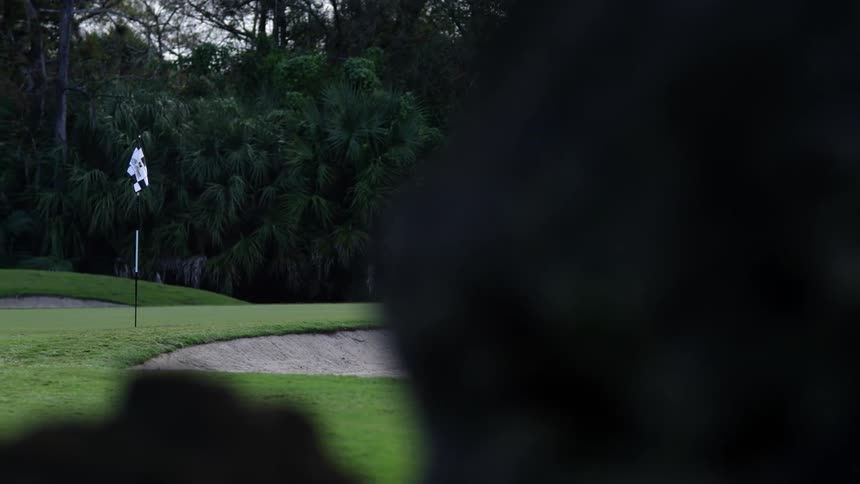 Golf flag pole in the middle of a golf course next to a golf pit