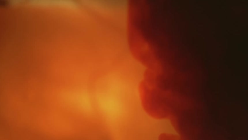 Orange light is obscured by a burst of smoke or liquid turning dark