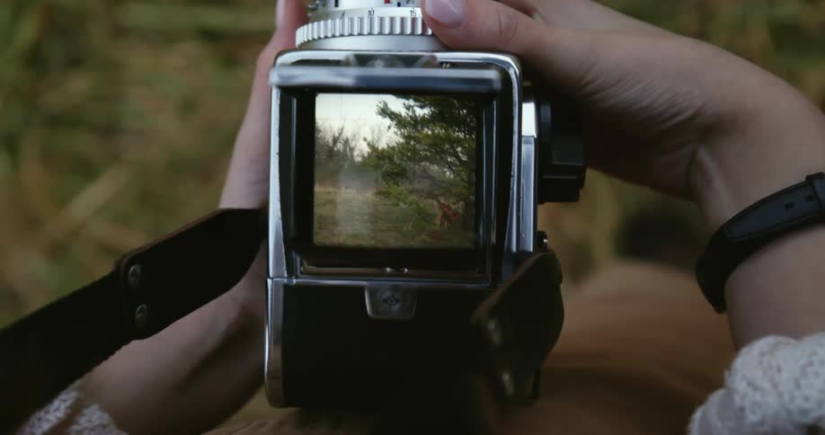 A woman looks at photos on a camera