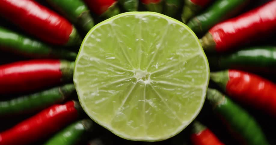 A lime half surrounded by peppers is spinning