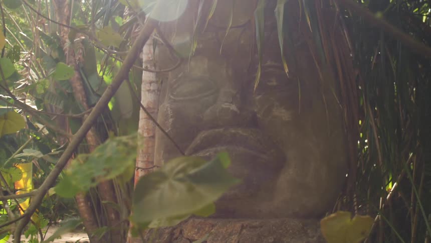 Carved stone face sits outside near palm tree