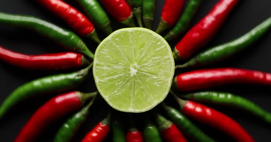 Red and green chili peppers and a cut lime spinning on a black surface