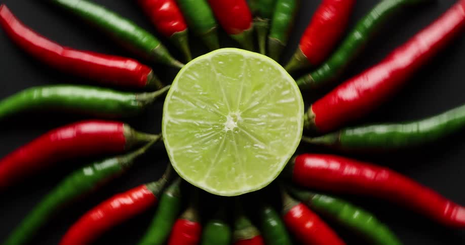 A half lime is surrounded by chili peppers and they are all spun around
