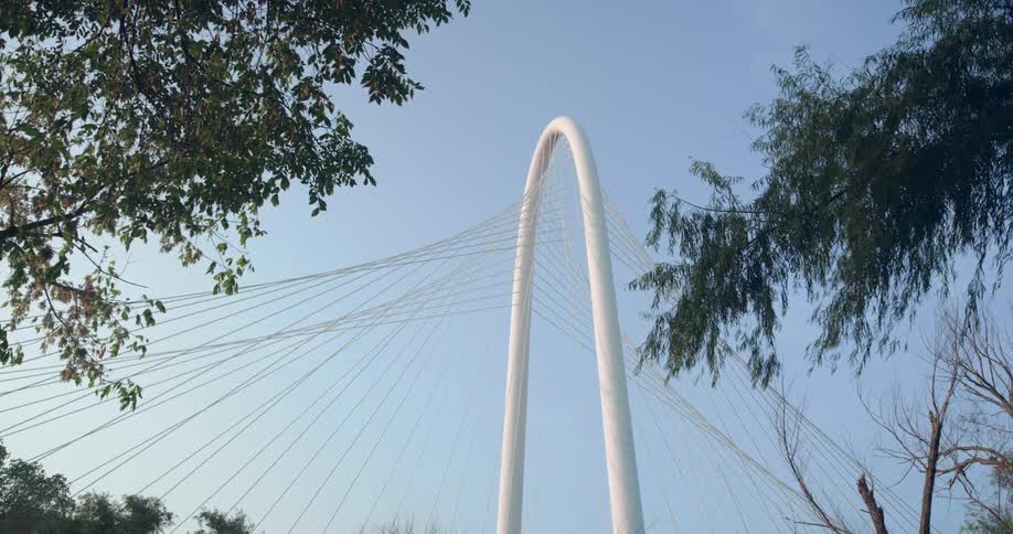 A bird flying above an arch on a bridge