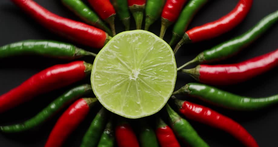 Red and green chili peppers surrounding a line