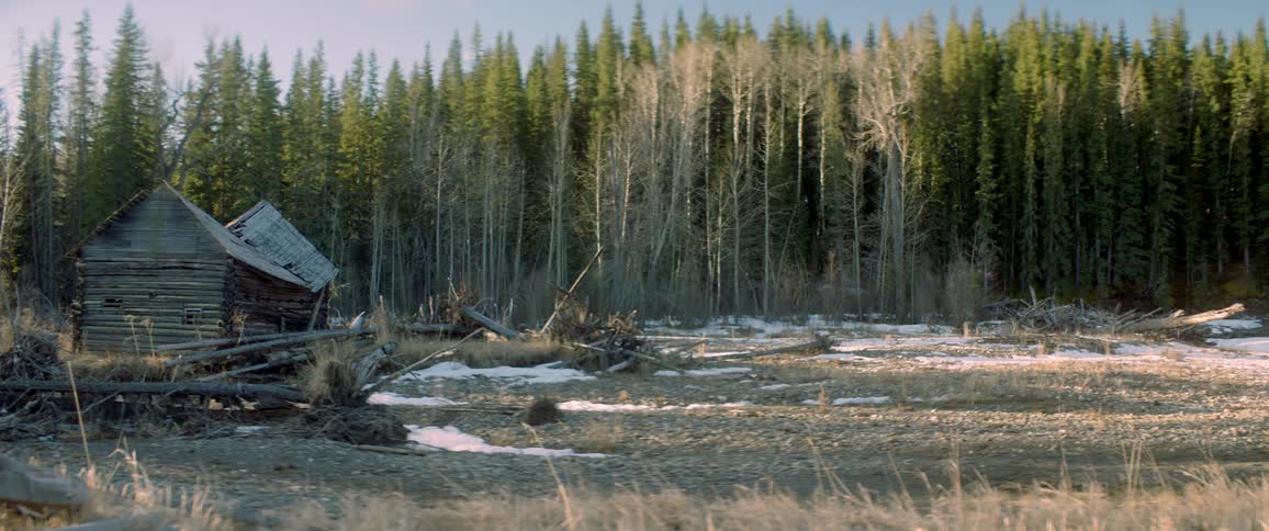 An abandoned log cabin in a snowy field next to the woods