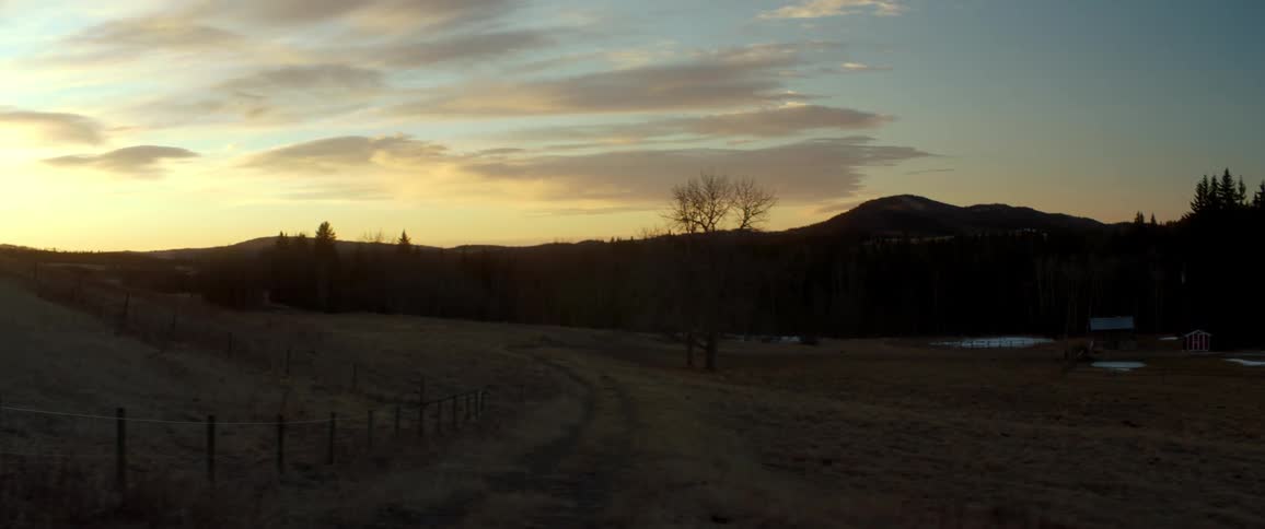 Fence sits at base of slope near dirt road across from buildings bordering forest