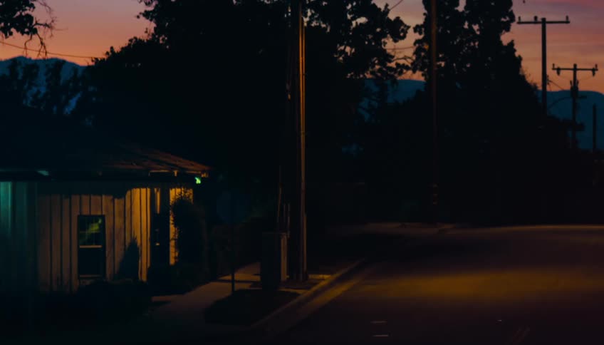 House with a flashing light with trees and telephone poles at night