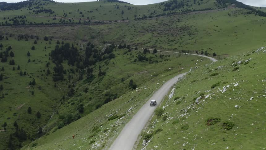 A vehicle driving on a road on a hill with cattle with the sky and clouds in the background