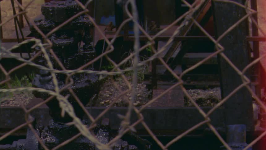 A black fire hydrant and farm equipment with red wheels sit behind a chain link fence