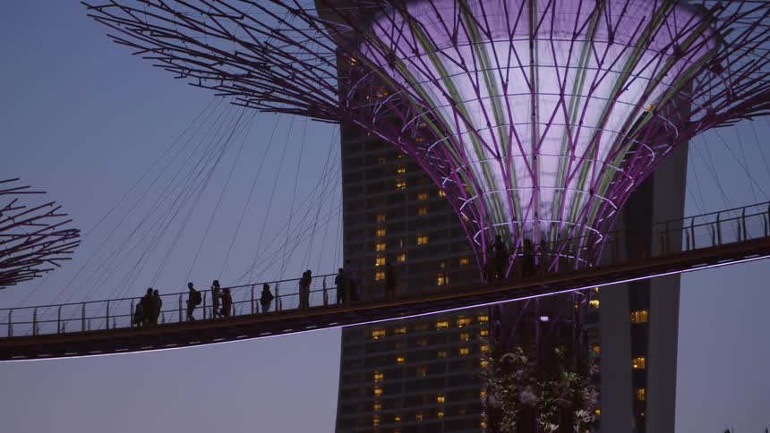 A group of people walk across a footbridge high in the air in a metropolis in the evening