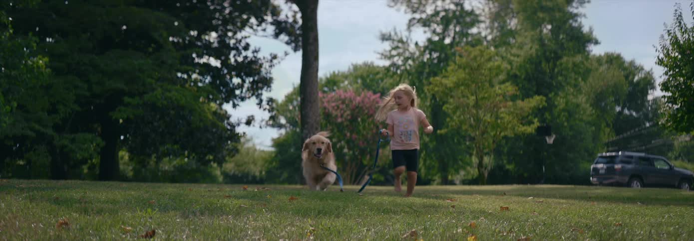 A young girl runs alongside a golden retriever in a park on a sunny day