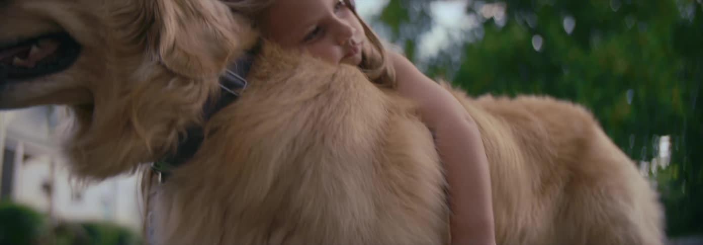 A girl rests her head on her dog as they stand in their driveway