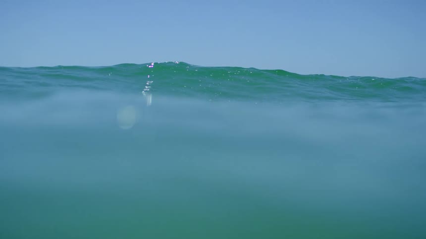 A man wearing a baseball hat stands in the ocean against a clear blue sky during the day