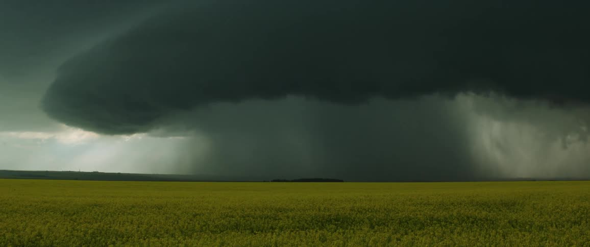 Rain falling from dark storm clouds over a grassy field