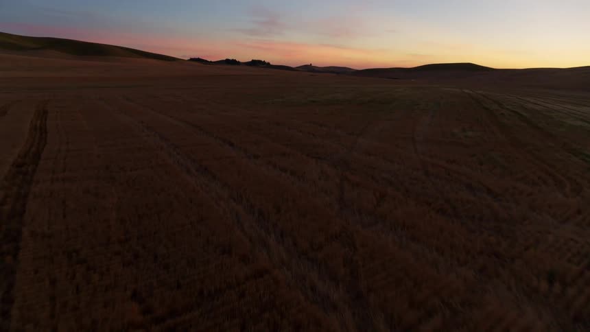 Tilt up reveal of a recently harvested barley field as the sun sets in the distance