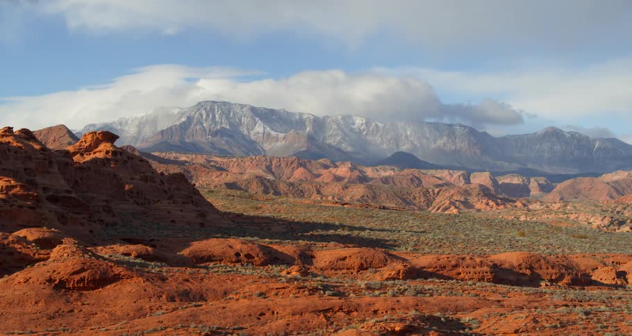 Orange soil and pale vegetation in the badlands on a sunny day