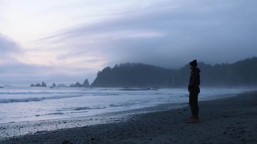 A person stand on the beach at the ocean edge wearing a sweatshirt and beanie