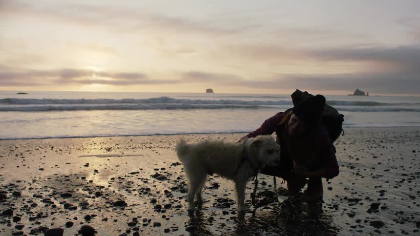 A woman with a backpack and a hat petting a dog on the beach with the sky and clouds in the background