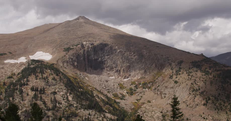 View of a mountain range with heavy clouds above