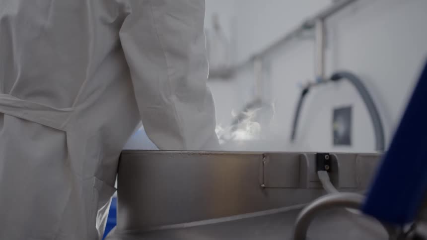 A scientist lifts a sample outside of liquid nitrogen