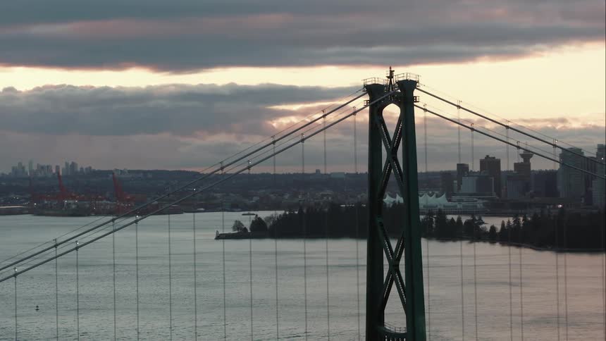 Lions Gate Bridge with downtown Vancouver and harbour behind