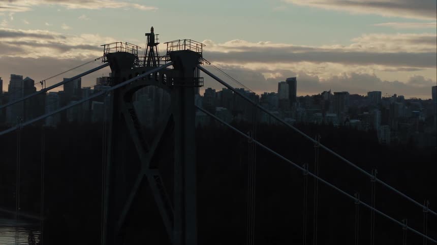 An aerial view of a downtown Vancouver skyline and Lions Gate Bridge