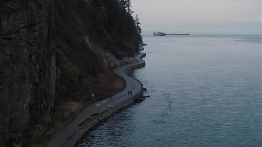 Vancouver's seawall winds around Stanley Park with ship in distance