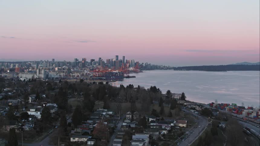 Vancouver City port with downtown skyline view at dawn