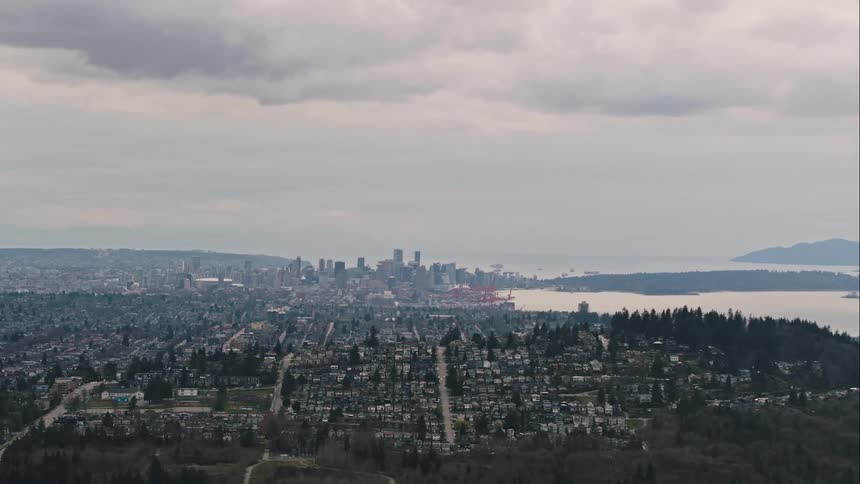 Vancouver city skyline aerial cloudy day