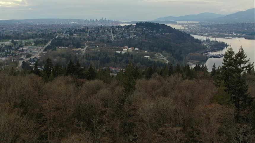 Reveal of distant Vancouver Skyline with views of inlet and forest