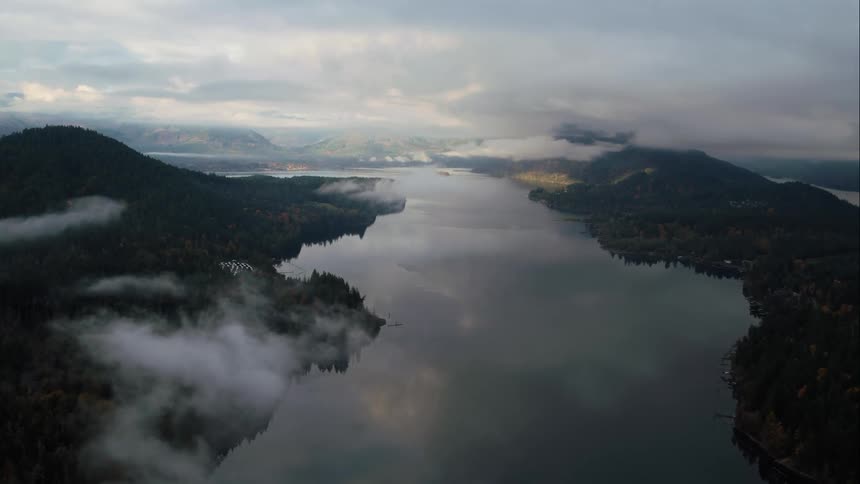 Dense fog hovers over a mountain lake and a pine forest