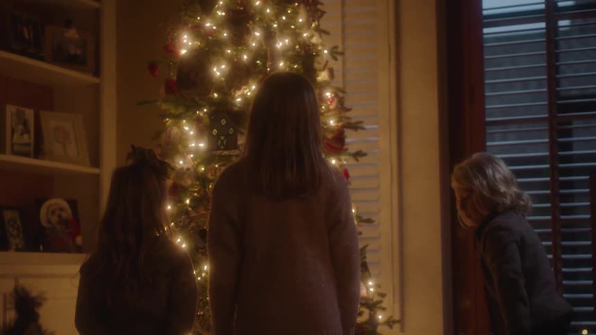 A boy plugs in the lights of a christmas tree before standing alongside his two sisters to gaze at the illuminated tree