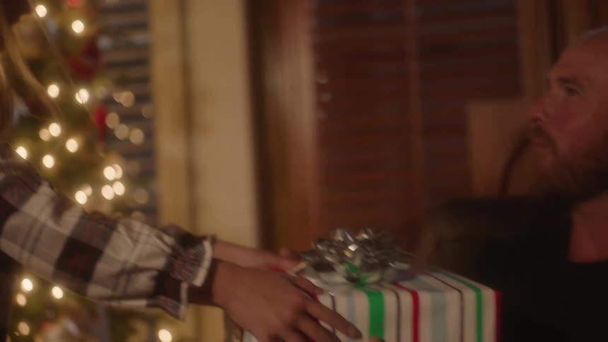 A girl lifts a wrapped christmas gift from below a christmas tree and hands it to a man sitting on a sofa beside the tree