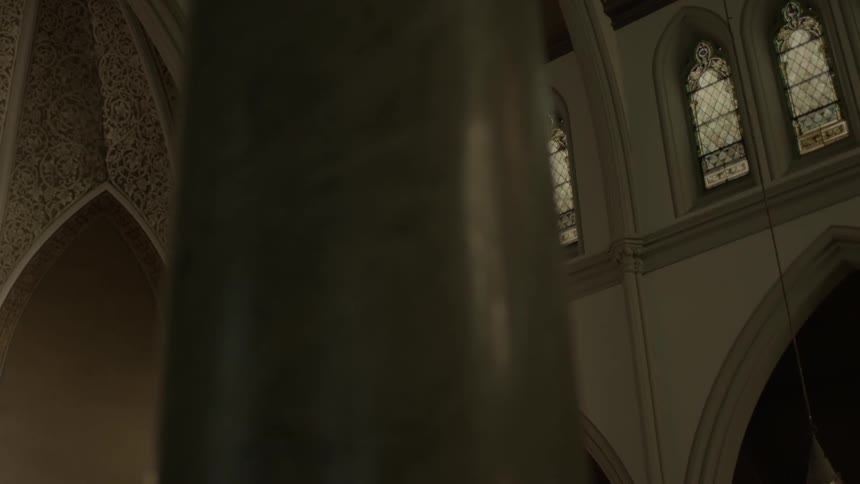 A light hangs from the ceiling