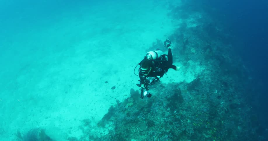 A scuba diving swimming over a coral reef in an ocean