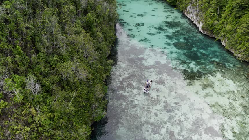 An aerial view of a boat floating down a tropical river in the daytime