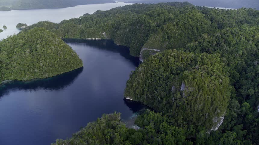 Aerial shot of water and islands with trees and vegetation with full sunlight