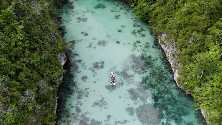 An aerial view of a boat floating down a tropical river