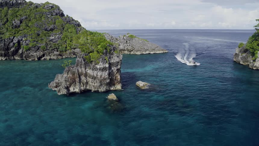 A boat is moving in the ocean near a tropical area