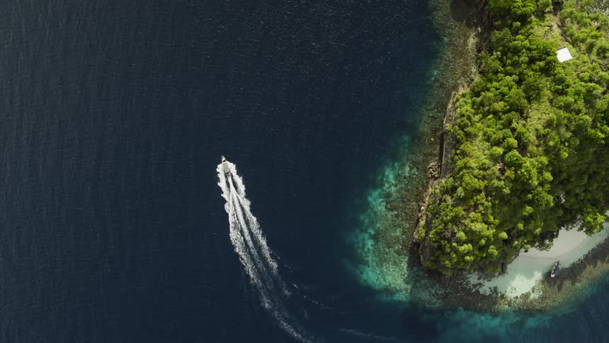 Boat passing by a large island covered in trees and plants out at sea