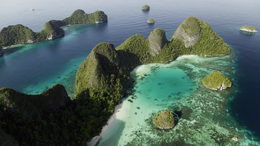 Aerial view of tropical islands are displayed